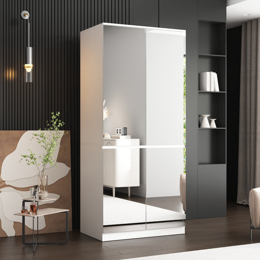 Wiawg Wardrobe Closet with 4-Mirrored Door, Armoire Closet Cabinet with Hanging Rod for Bedroom,White