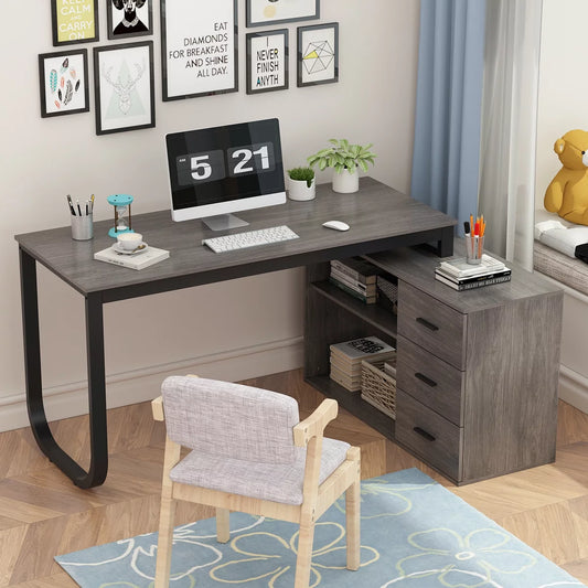 Modern Computer Desk with 3 Drawers Office Writing Desk with Hutch Gray