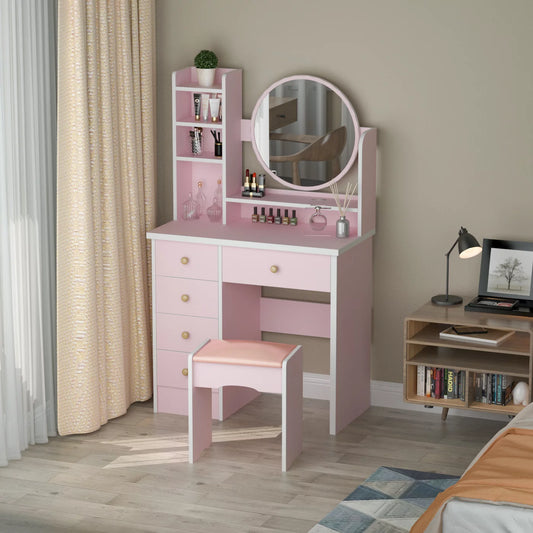 Multifunctional Computer Armoire Hutches, Vanity Set Makeup Dressing Table with Mirror and 5 Drawers for Bedroom, Pink