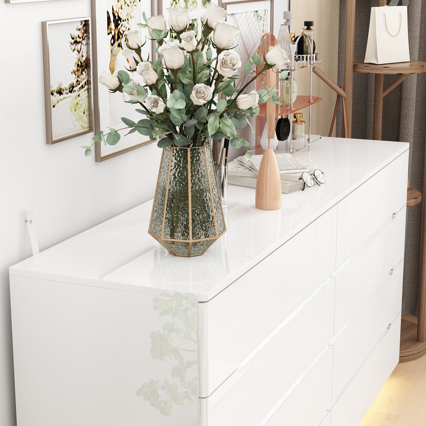 WIAWG High Gloss Dresser with Lights, Modern Glossy 8 Drawer Dresser with Curved Edge for Bedroom White