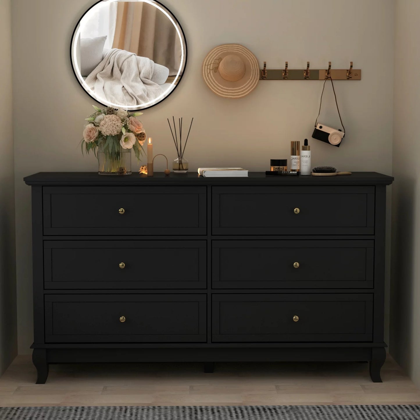 WIAWG Modern Mid Century 6 Drawer Dresser, Double Dresser Chest of Drawer for Bedroom Black