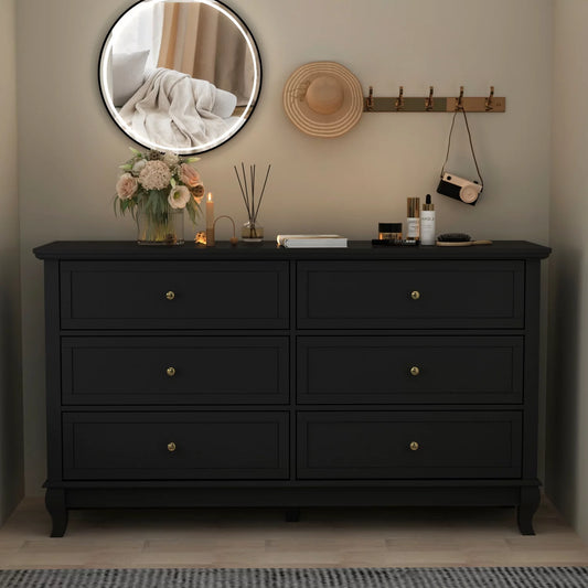 WIAWG Modern Mid Century 6 Drawer Dresser, Double Dresser Chest of Drawer for Bedroom Black