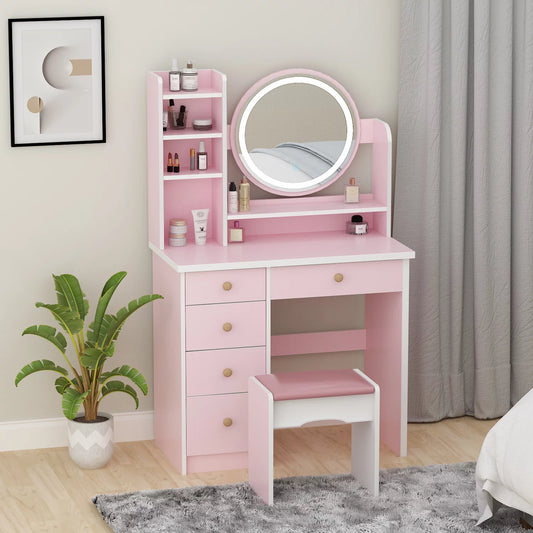WIAWG Modern Vanity Set With Mirror Make up Table with Built-in 3 Color LED Light Pink