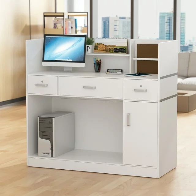 Reception Station with Counter, Office Register Stand Reception Area with Drawers, White
