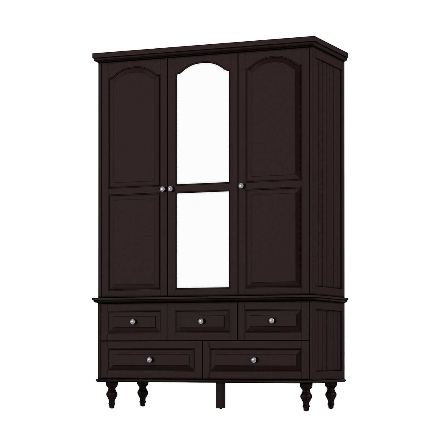WIAWG 3-Door Wardrobe Armoire Closet with 5 Drawers and Hanging Rod plus Mirror, Brown