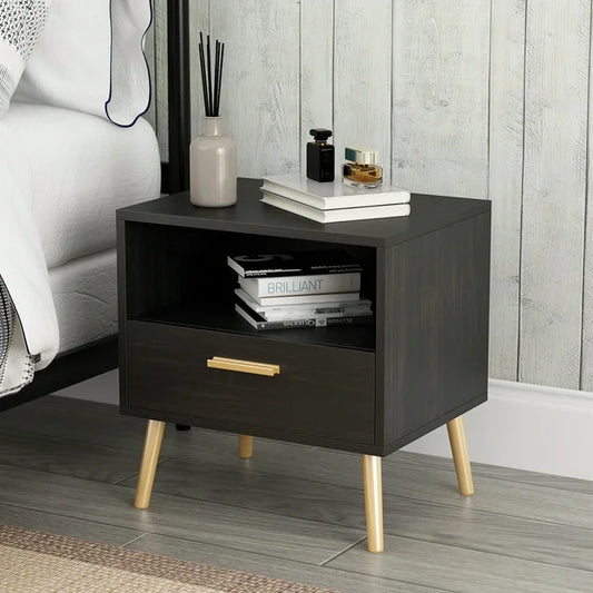 Black Small Side Tables for Bedroom Modern Mid Century Nightstand with Drawer