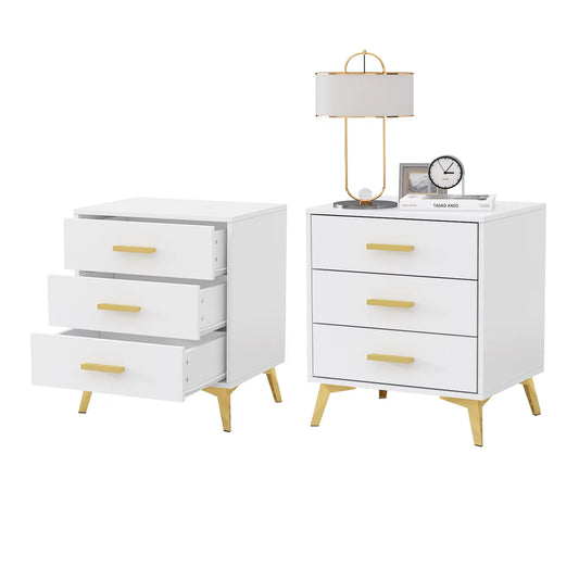 WIAWG Modern Nightstand Set of 2 for Bedroom Side Table with 3 Drawers White-Gold