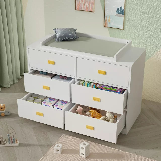 WIAWG Nursery Dresser with 6 Drawers Baby Changing Dresser for Bedroom with Metal Handles White