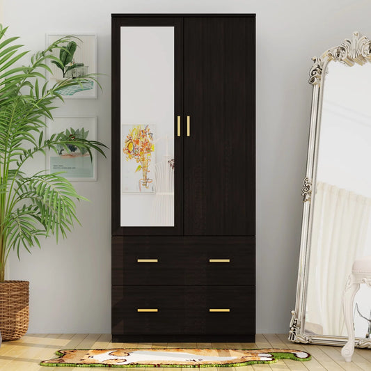 WIAWG 2-Door Armoire Wardrobe with 2 Drawers, Clothing Rod and Mirror in Espresso