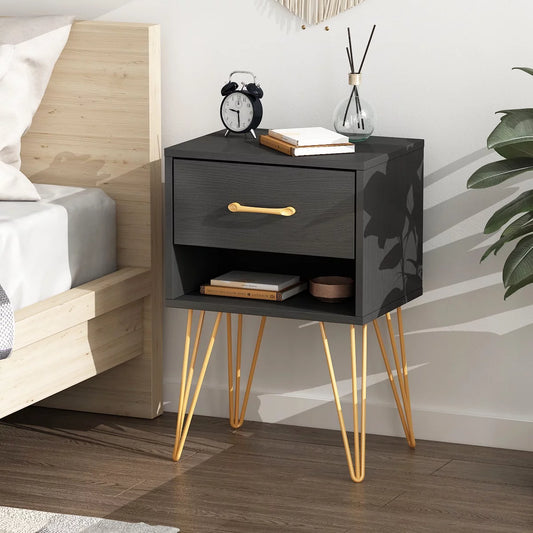 Nightstand 2 Drawers Side Desk with Metal Legs, Night Table Home Furniture for Living Room, Black