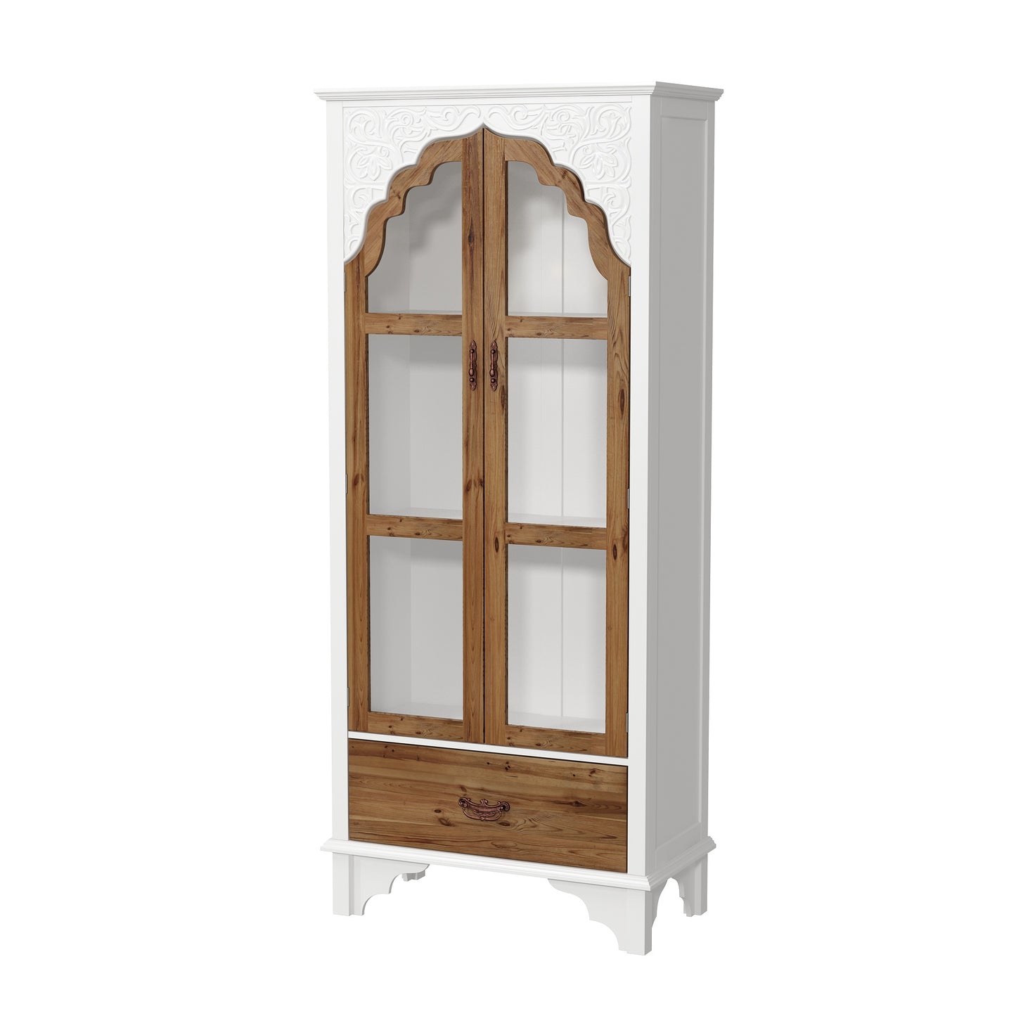 WIAWG Carved Storage Cabinet with 2 Glass Doors & Drawer, Pooja Mandir with 3-Tier Shelves, Decorative Cabinet Display Cabinets for Living Room White and Walnut,70.9”H