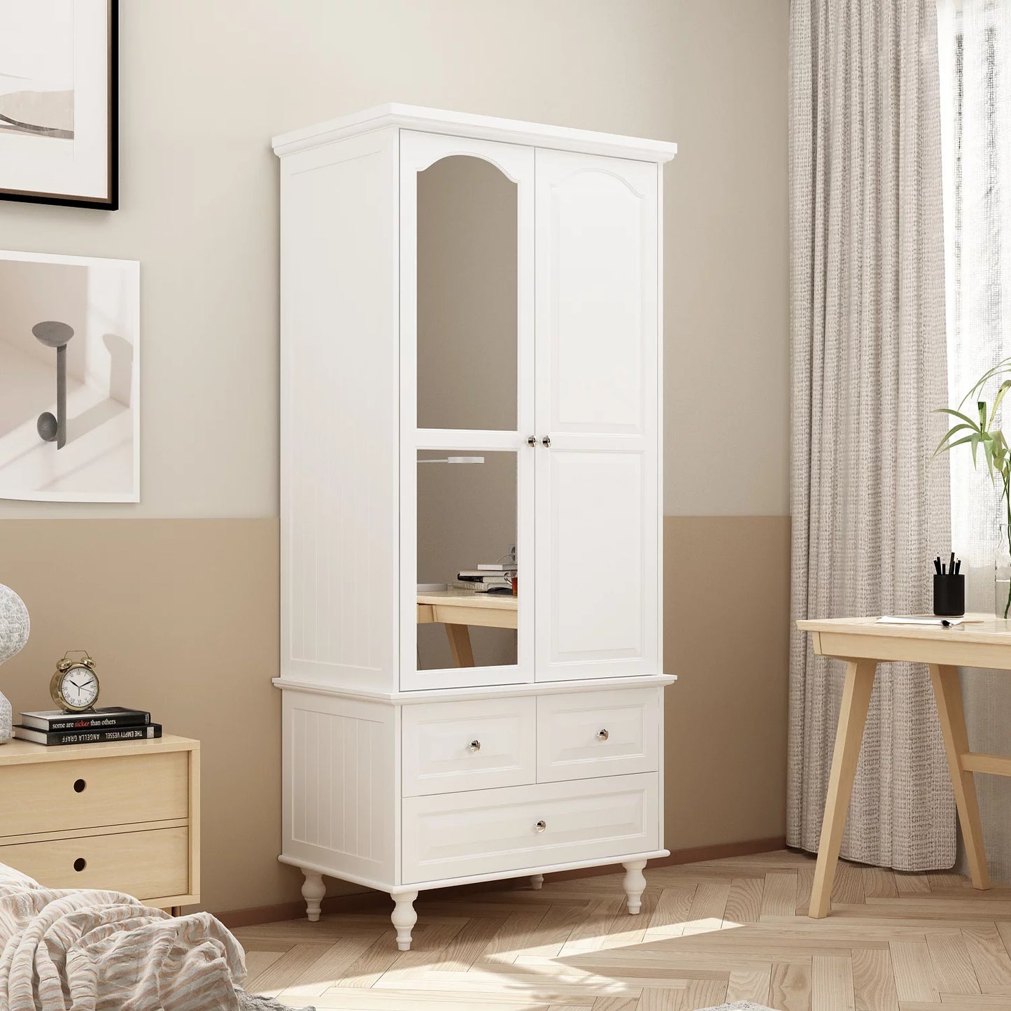 WIAWG 2-Door Wardrobe Armoire Closet with 3 Drawers and Hanging Rod plus Mirror, White