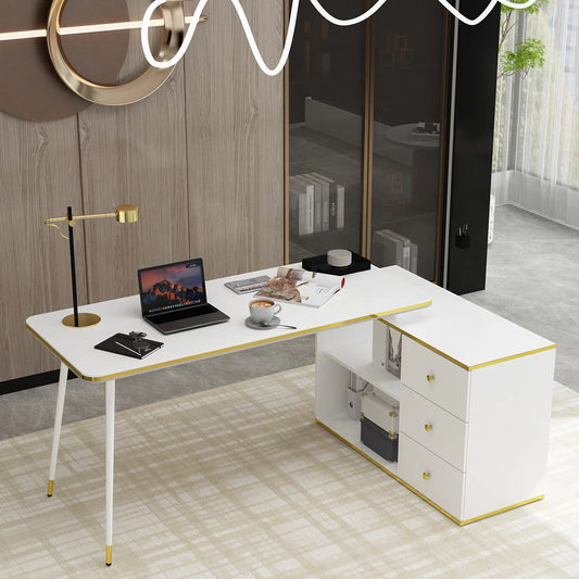 WIAWG Office Desk with Drawers and Open Shelves, Reversible Writing Desk Workstastion, Three Type Desk