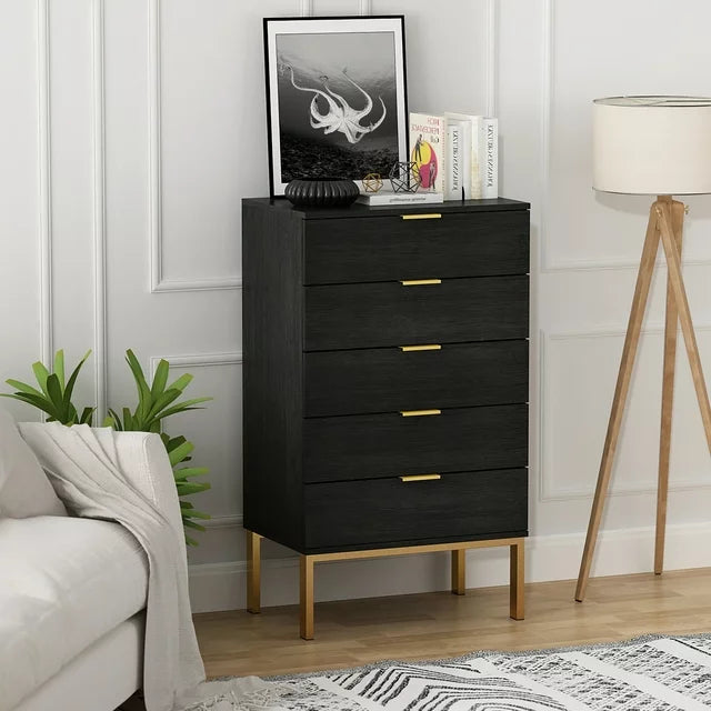 WIAWG 5-Drawer Dresser Chest, Modern Storage Tower with Metal Frame, Organizer Unit for Bedroom, Black