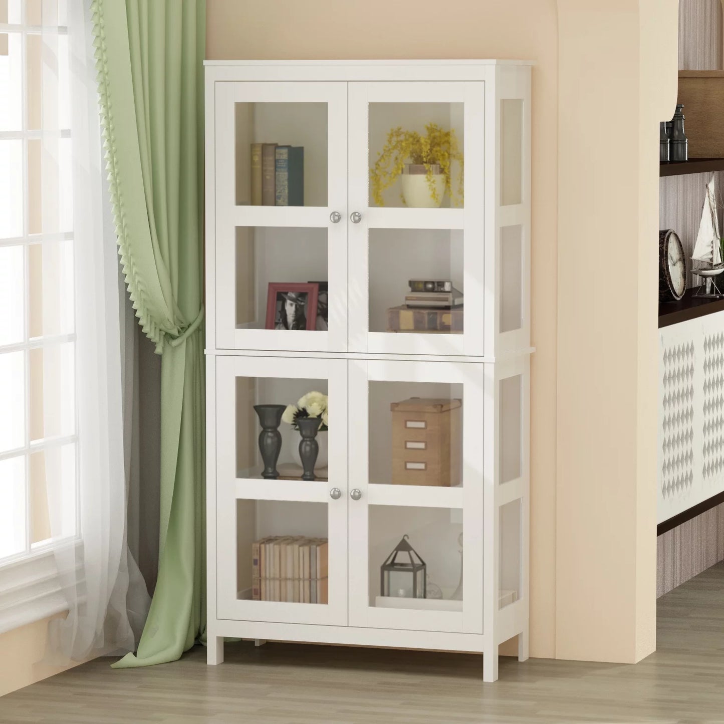 WIAWG Bookcase with 2 Curio Doors 4 Tier Bookshelf Display Cabinet White