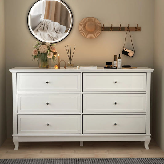 WIAWG Modern Mid Century 6 Drawer Dresser, Double Dresser Chest of Drawer for Bedroom White