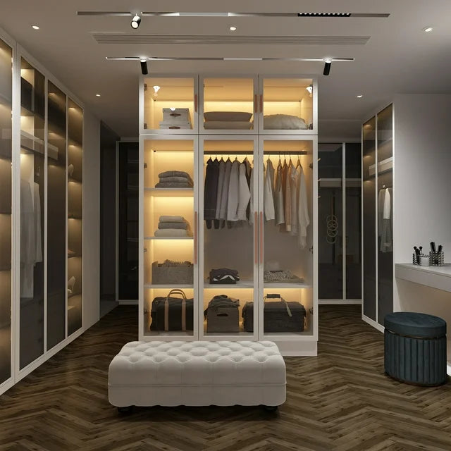 WIAWG Bedroom Wardrobe with Lights, Armoires Closet Storage Cabinet with Hanging Rod and Glass Doors, White