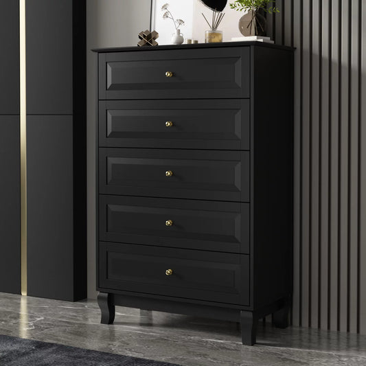 WIAWG 5 Drawer Dresser, Wood Chest of Drawers Storage Cabinet for Bedroom Living Room, Black