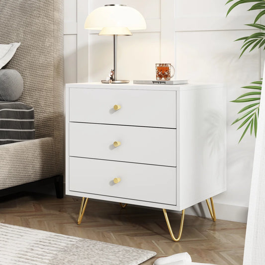 Nightstand Bedside Table, Side End Table with Metal Leg - Three Storage Drawers- Sofa Table Night Stand for Living Room, Bedroom (White)