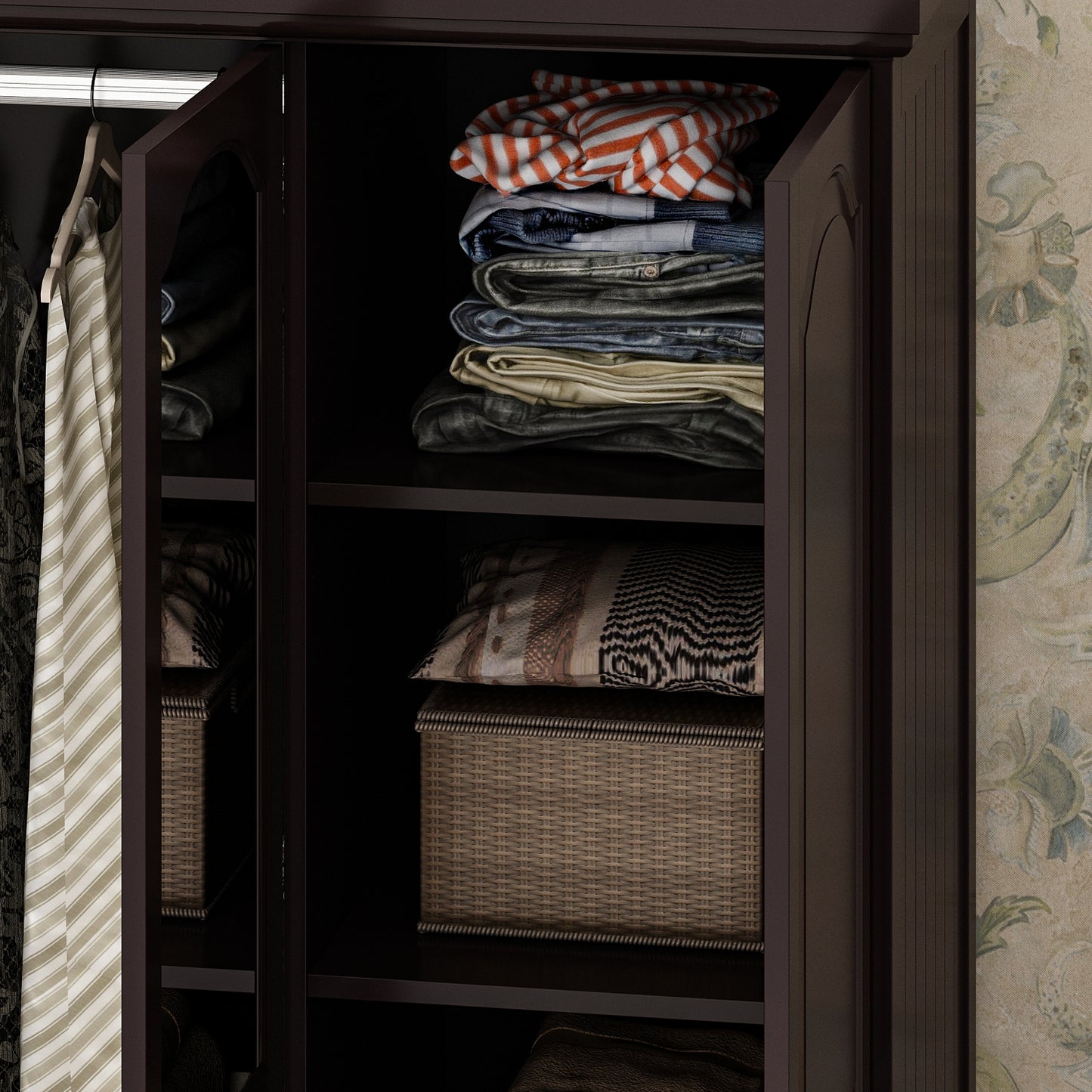 WIAWG 3-Door Wardrobe Armoire Closet with 5 Drawers and Hanging Rod plus Mirror, Brown