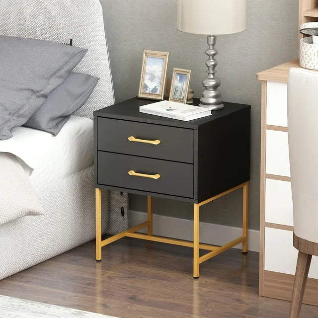 End Side Table with 2 Drawer and Storage Shelf, Night Stand Bedside Table for Bedroom, Living Room, Black