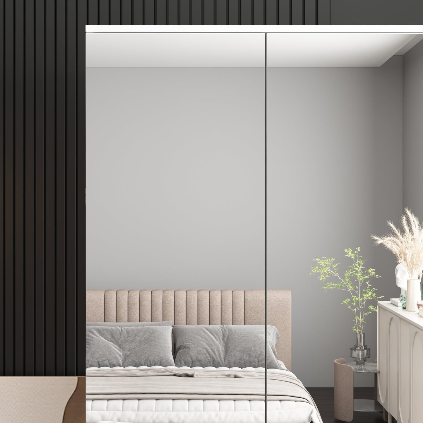 Wiawg Wardrobe Closet with 4-Mirrored Door, Armoire Closet Cabinet with Hanging Rod for Bedroom,White