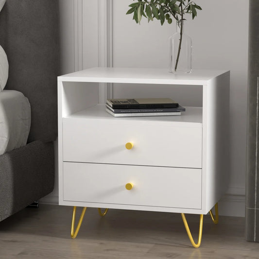 Nightstand Side End Table with Metal Leg, Two Storage Drawers and One Open Shelf - Sofa Table Night Stand for Living Room, Bedroom (White)