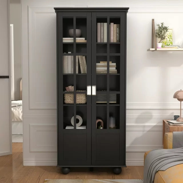 WIAWG Bookcase with 2 Doors and 5 Shelves Black Wood 31.5"