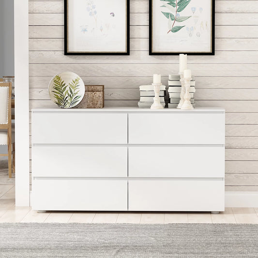 WIAWG Modern 6-Drawer Dresser Chest Side Cabinet for Bedroom/Living Room Wooden White