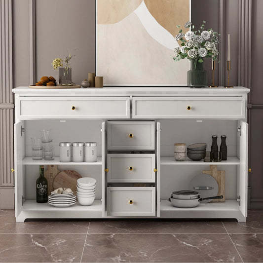 WIAWG White Buffet with 5 Drawers, 4-Door Bedroom Dresser Storage Cabinet, 59.1"Wide