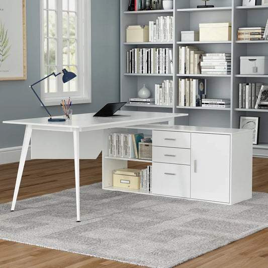 WIAWG L Shaped Desk with Drawers and Shelves Office Computer Desk with Storage White 63"