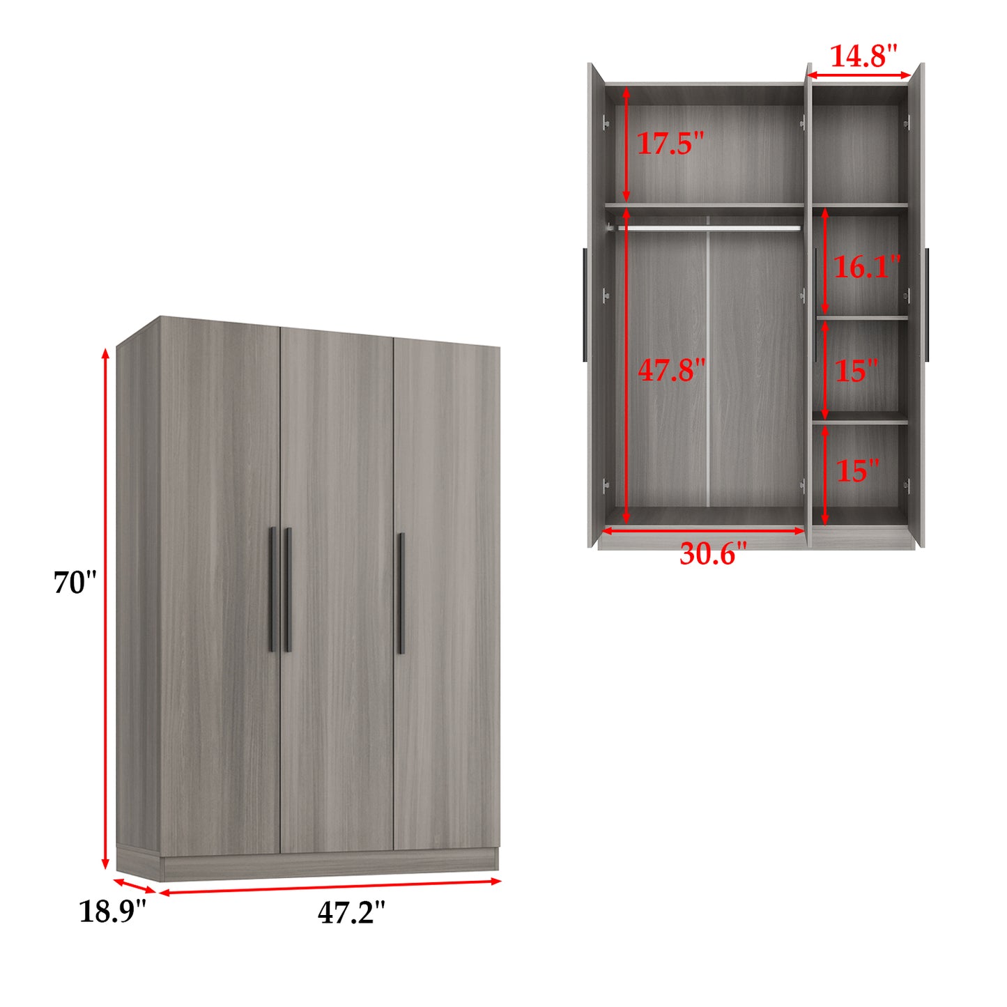 WIAWG 3-Door Large Wardrobe Armoire Closet with 3 Doors,Wardrobe Cabinet for Hanging Clothes for Bedroom,Brow