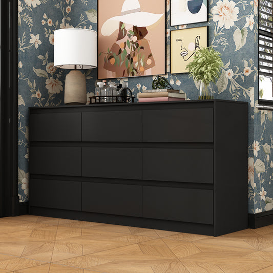 WIAWG 9 Drawer Dressers, Modern Large Dresser for Bedroom,Wooden Long Dresser Storage Chest of Drawers for Living Room Office,Black 63" W