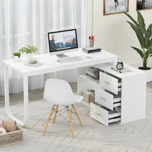 Modern Computer Desk with 3 Drawers Office Writing Desk with Hutch White