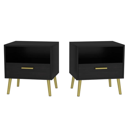 WIAWG Set of 2 Nightstand, End Table with Drawer and Open Shelf for Living Room Bedroom, Black