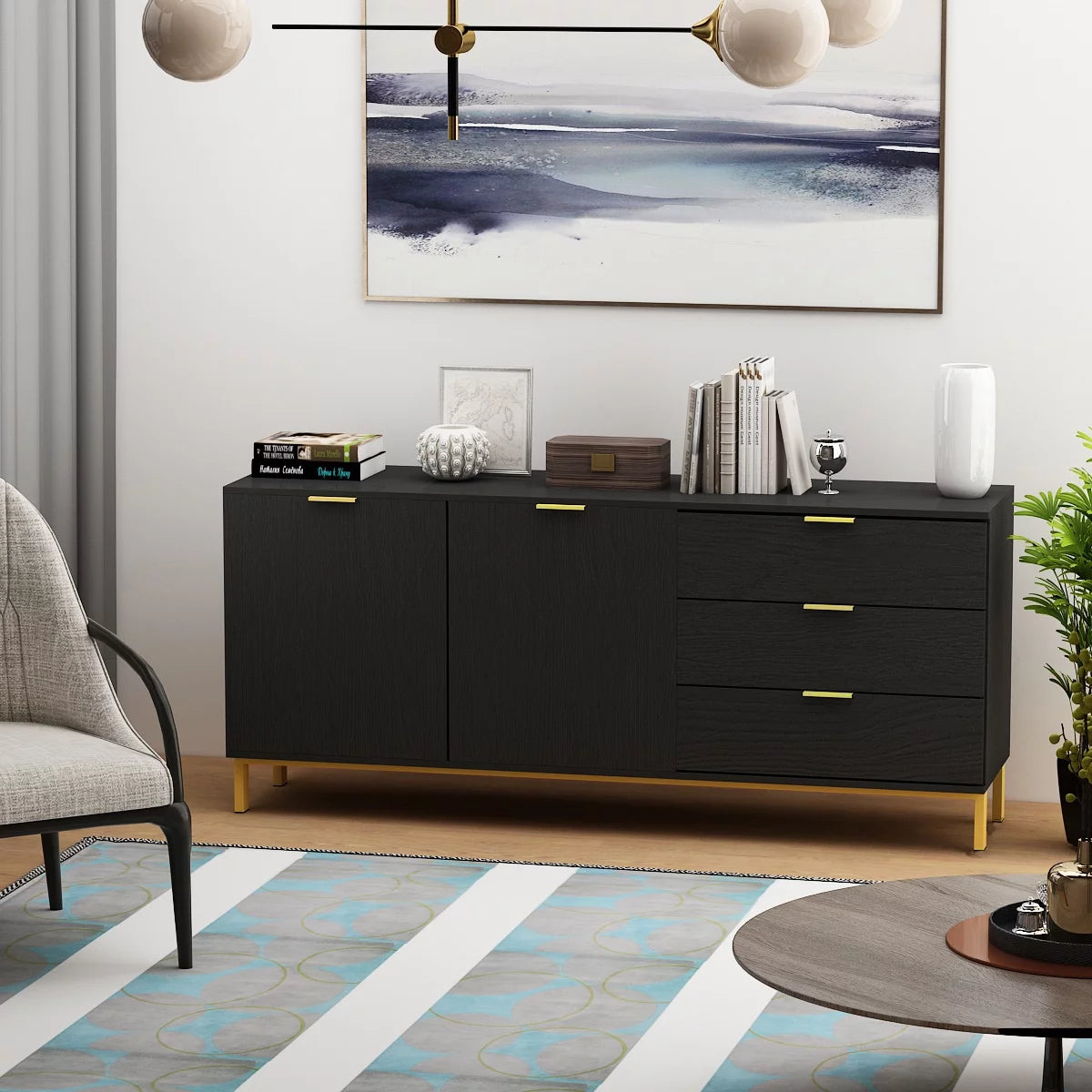 WIAWG 62.9" TV Console Table TV Stand Cabinet with Drawers for Living Room Black