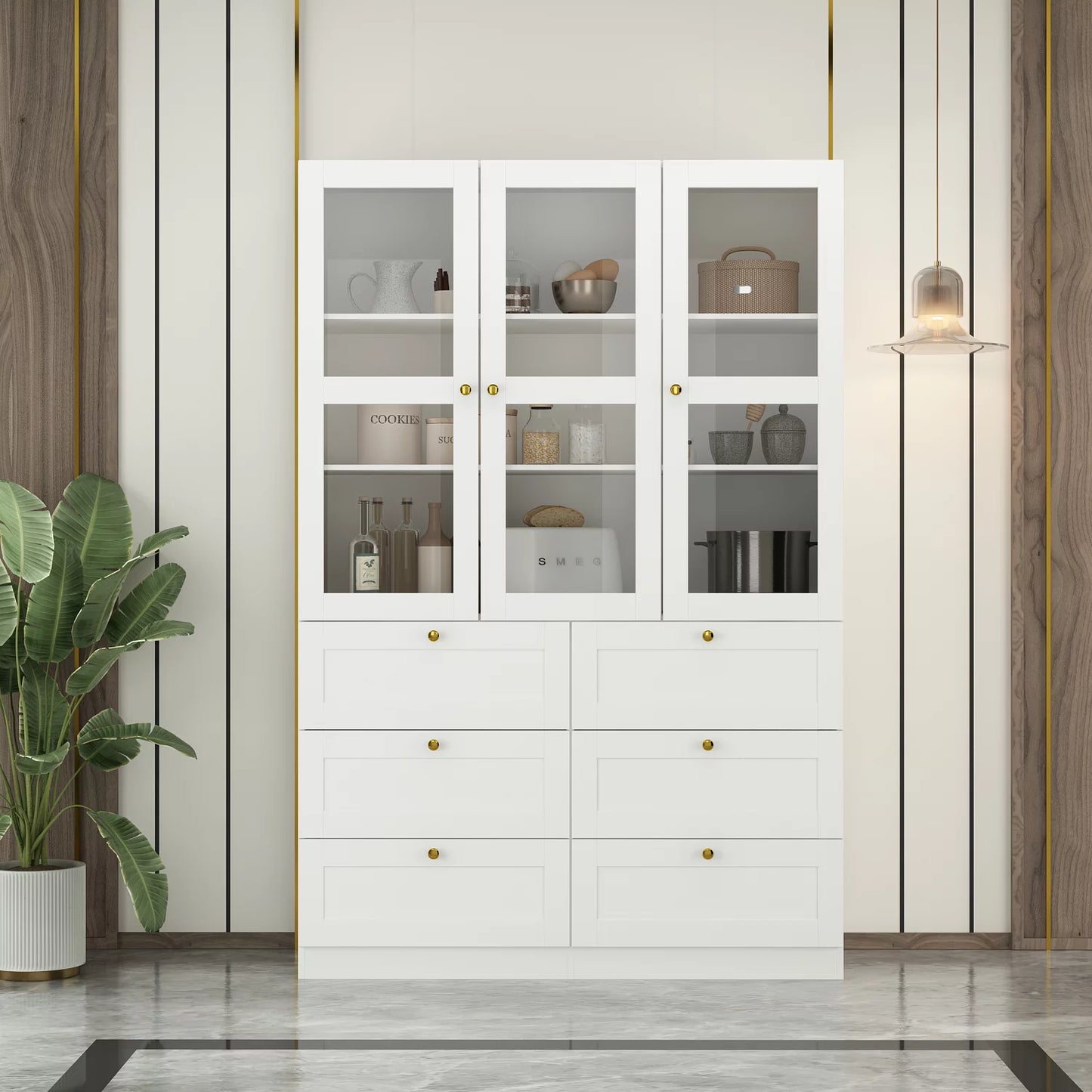 WIAWG Kitchen Pantry Storage Cabinet, Freestanding White Cupboard with 6 Drawers and Glass Door for Dining Room, 70.9"H