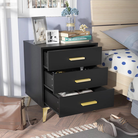 WIAWG Nightstand with 3 Drawers, End Side Table for Bedroom Living Room, Black