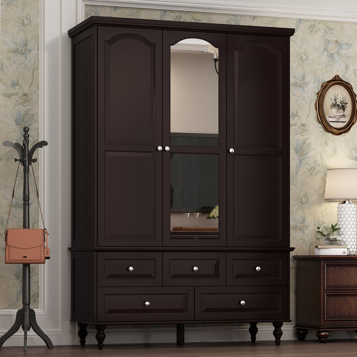 WIAWG 3-Door Wardrobe Armoire Closet with 5 Drawers and Hanging Rod plus Mirror, Brown