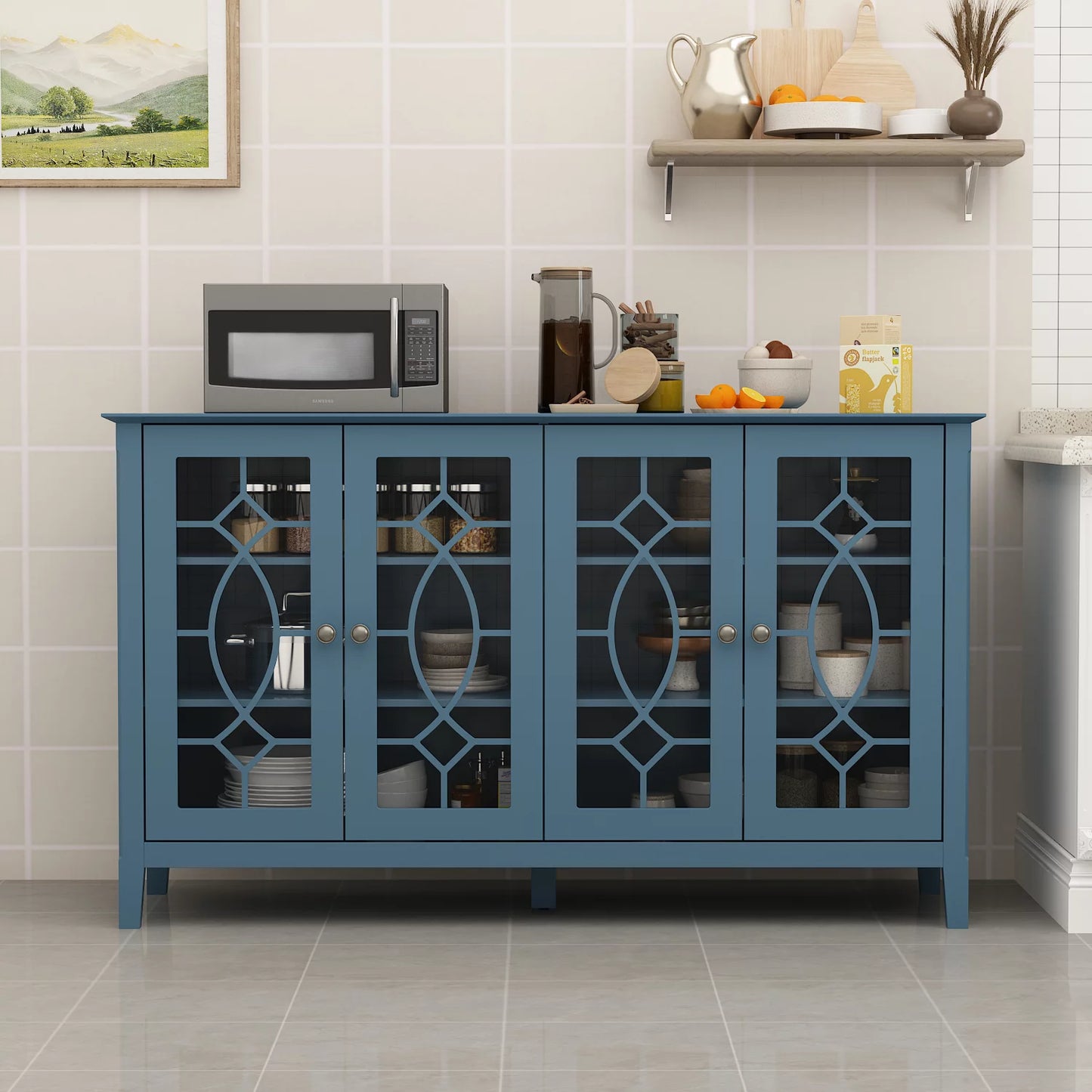 WIAWG Buffet Cabinet with 4 Glass Doors for Living Room, Kitchen Sideboard Cupboard in Blue