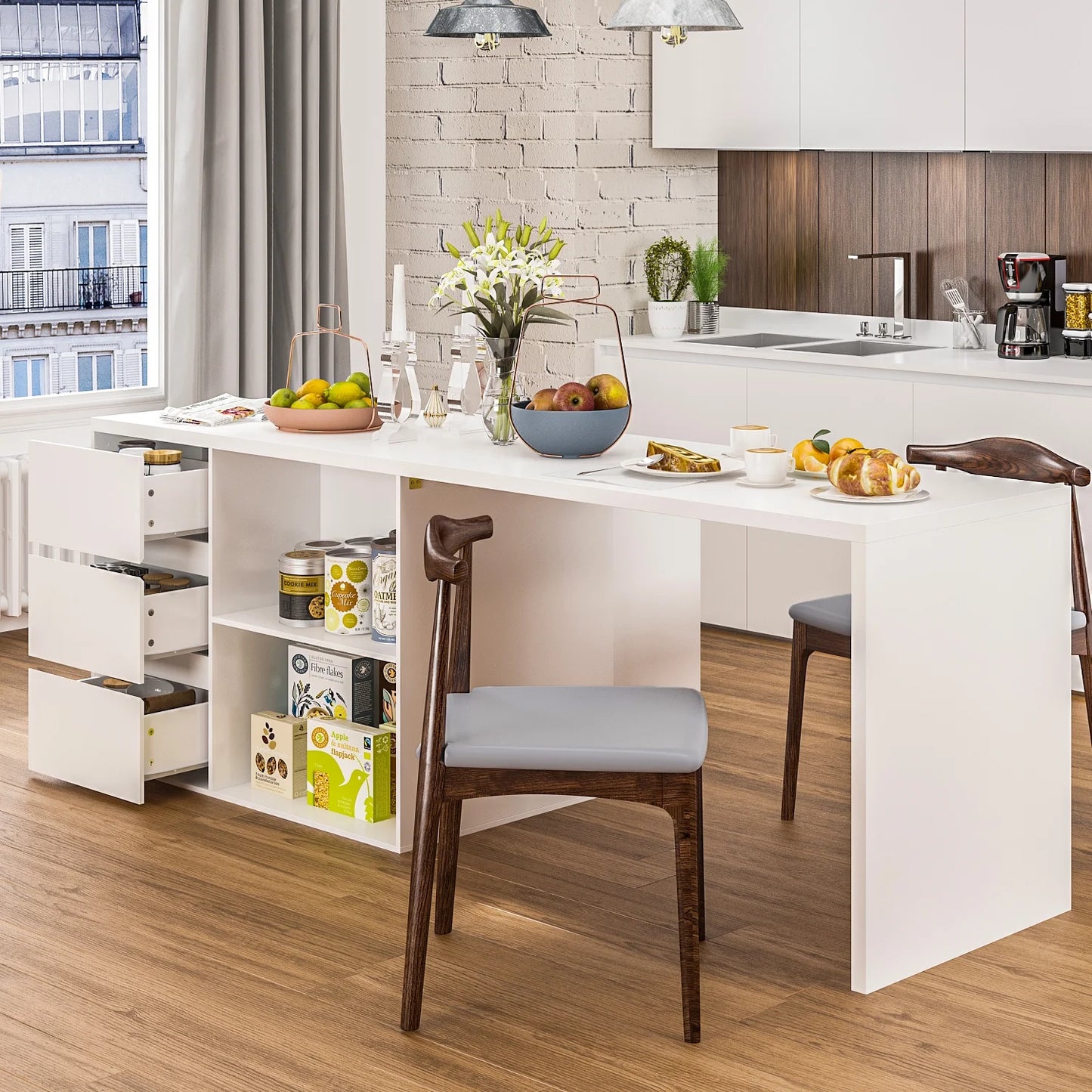 WIAWG Kitchen Island Storage Cabinet with Drawers and Open Shelves, White