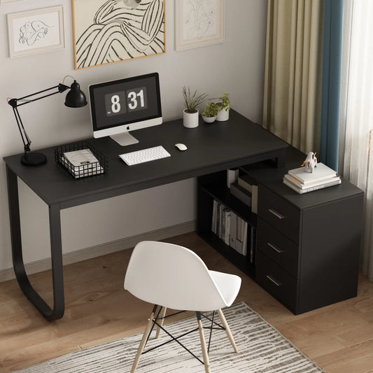 WIAWG Office Desk with Drawers and Shelves, L Shaped Computer Writing Desk Home Office Workstation, Black