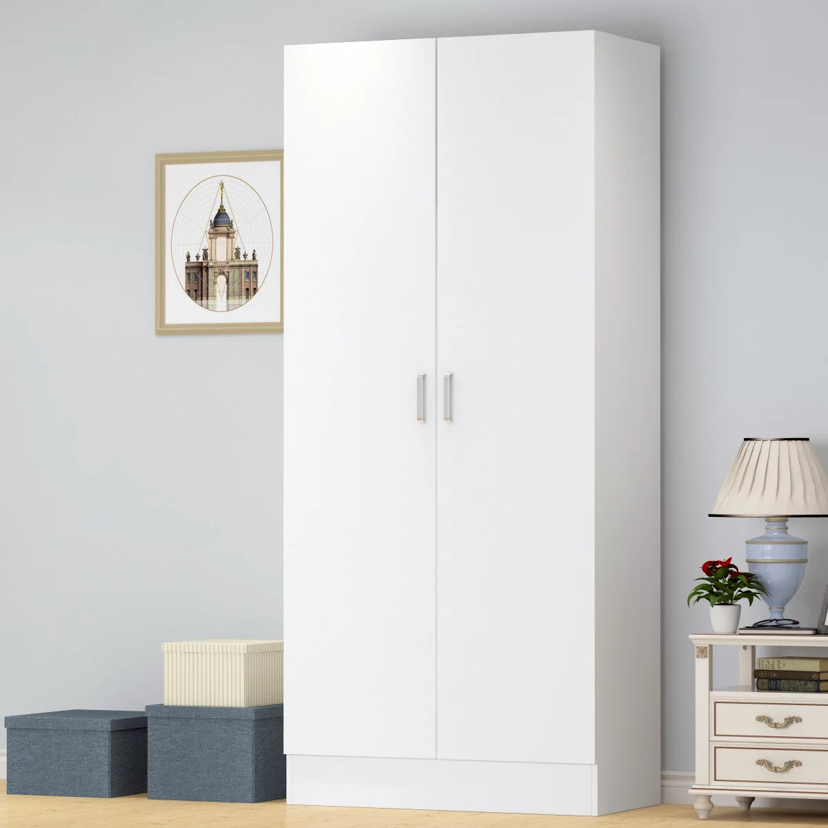 WIAWG 2-Door Wardrobe Cabinet with Hanging Rod Armoire Storage Cabinet with Shelves 31.5 in White