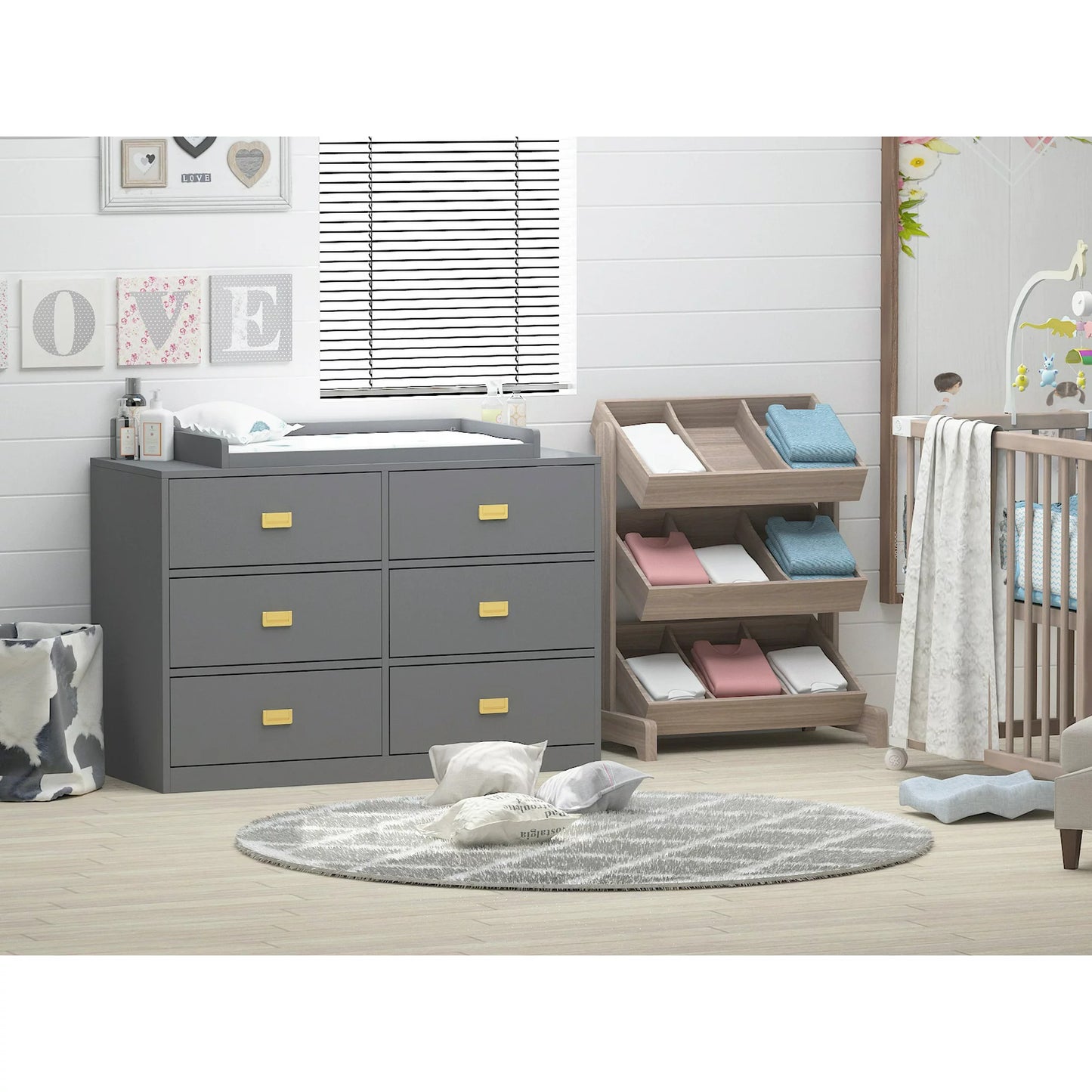 Baby 6 Drawer Dresser with Changing Top Storage Dresser for Nursery/Bedroom Gray