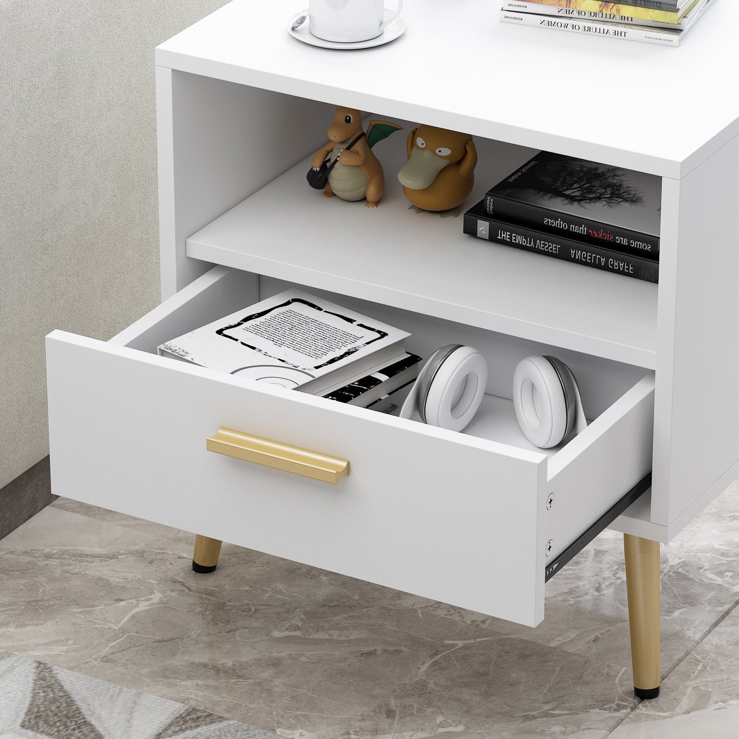 WIAWG Modern Nightstand for Bedroom Side Table with Drawer and Shelf White Set of 2