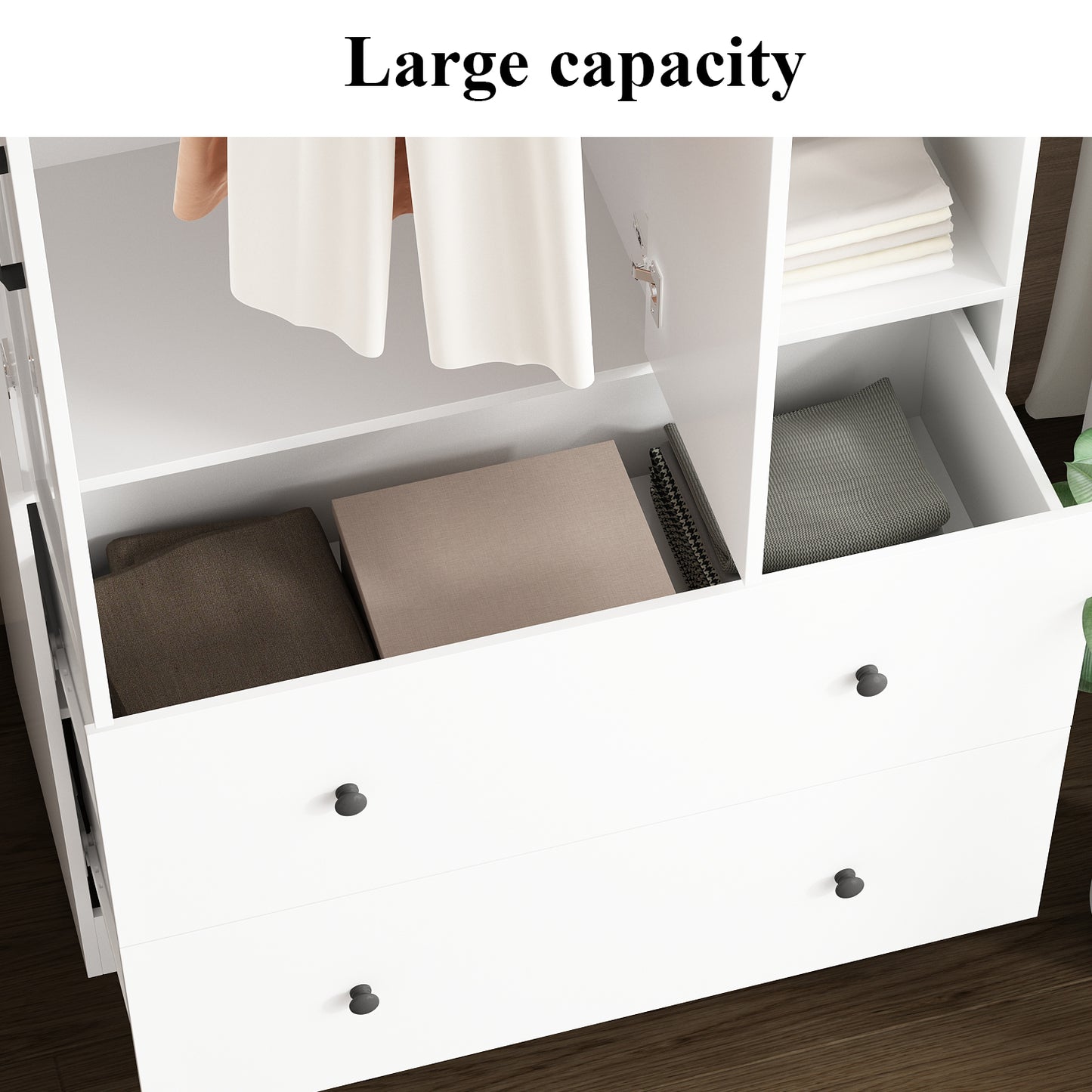 Wiawg 2 Door Wardrobe Armoire,Mirrored Closet Storage with Drawers and Shelves,White