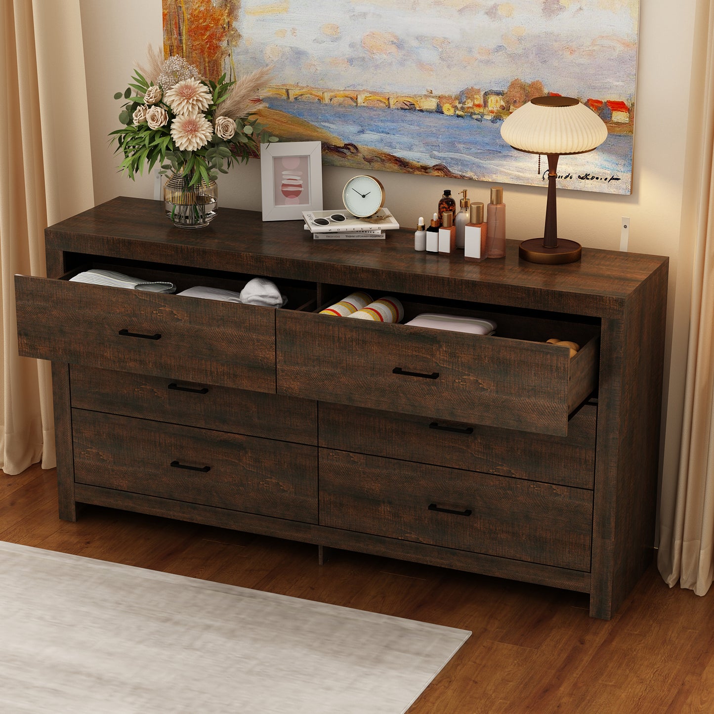 WIAWG 63" Dresser for Bedroom,6 Drawer Dresser, Chest of Drawers, Rustic Drawer Cabinet for Living Room Hallway Office,Brown