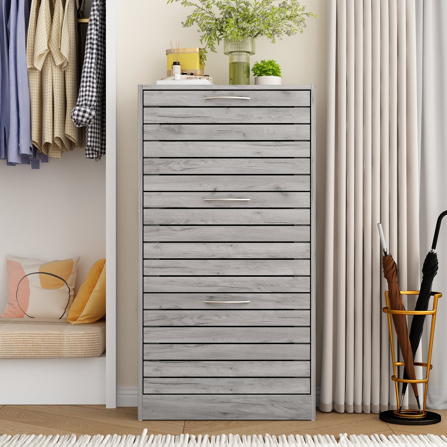 WIAWG Shoe Cabinet Wood Shoe Rack Storage Cupboard with 3 Tilt-out Doors Gray