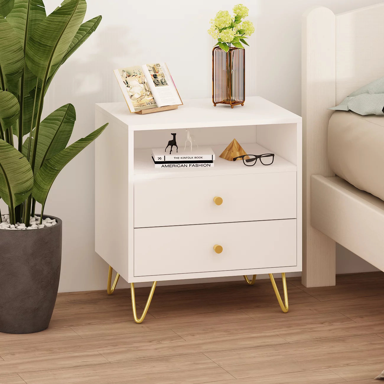 Nightstand Side End Table with Metal Leg, Two Storage Drawers and One Open Shelf - Sofa Table Night Stand for Living Room, Bedroom (White)