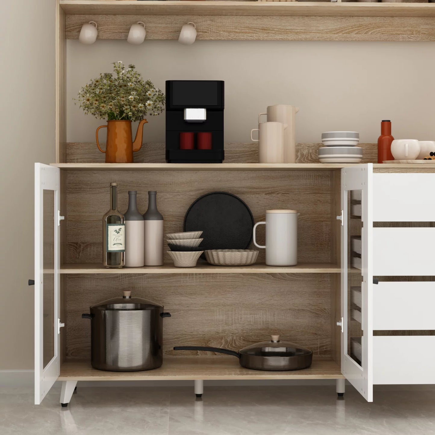 WIAWG Modern Kitchen Pantry Storage Cabinet with Hutch and Drawers, 63” Sideboard Buffet Cupboard with Glass Door, Oak&White